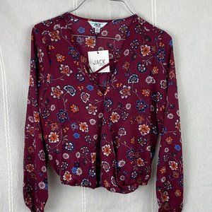 Jack by BB Dakota Burgundy Floral Blouse Faux Wrap Polyester Size XS